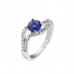 Кольцо из родированного серебра с крупным синим и россыпью белых фианитов «Волны»