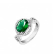 Серебряное кольцо с завитками укаршеное зеленым камнем и белыми финитами